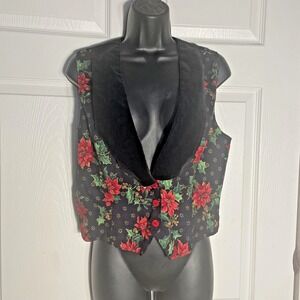 Vintage 90s Herta Vest Women Medium Black Red Poinsettia Velvet Collar Christmas